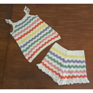 Mini Boden Girls Ivory Multi Rainbow Crochet Cami and Shorts Set size 11/12 GUC